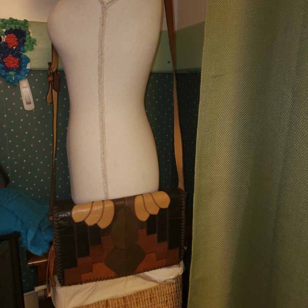 Patricia Nash Brown and Tan Patchwork Leather Crossbody Bag